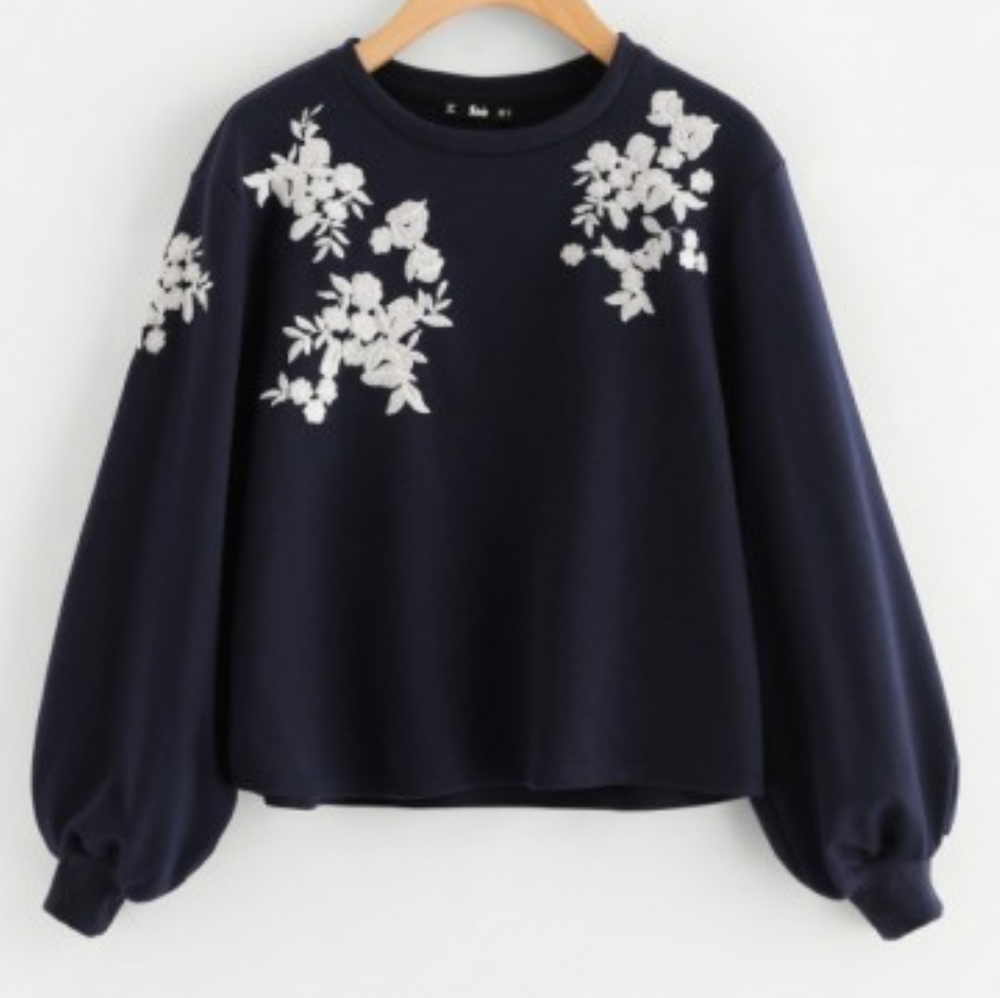 Navy Embroidered Sweatshirt Sweater Bell Sleeve